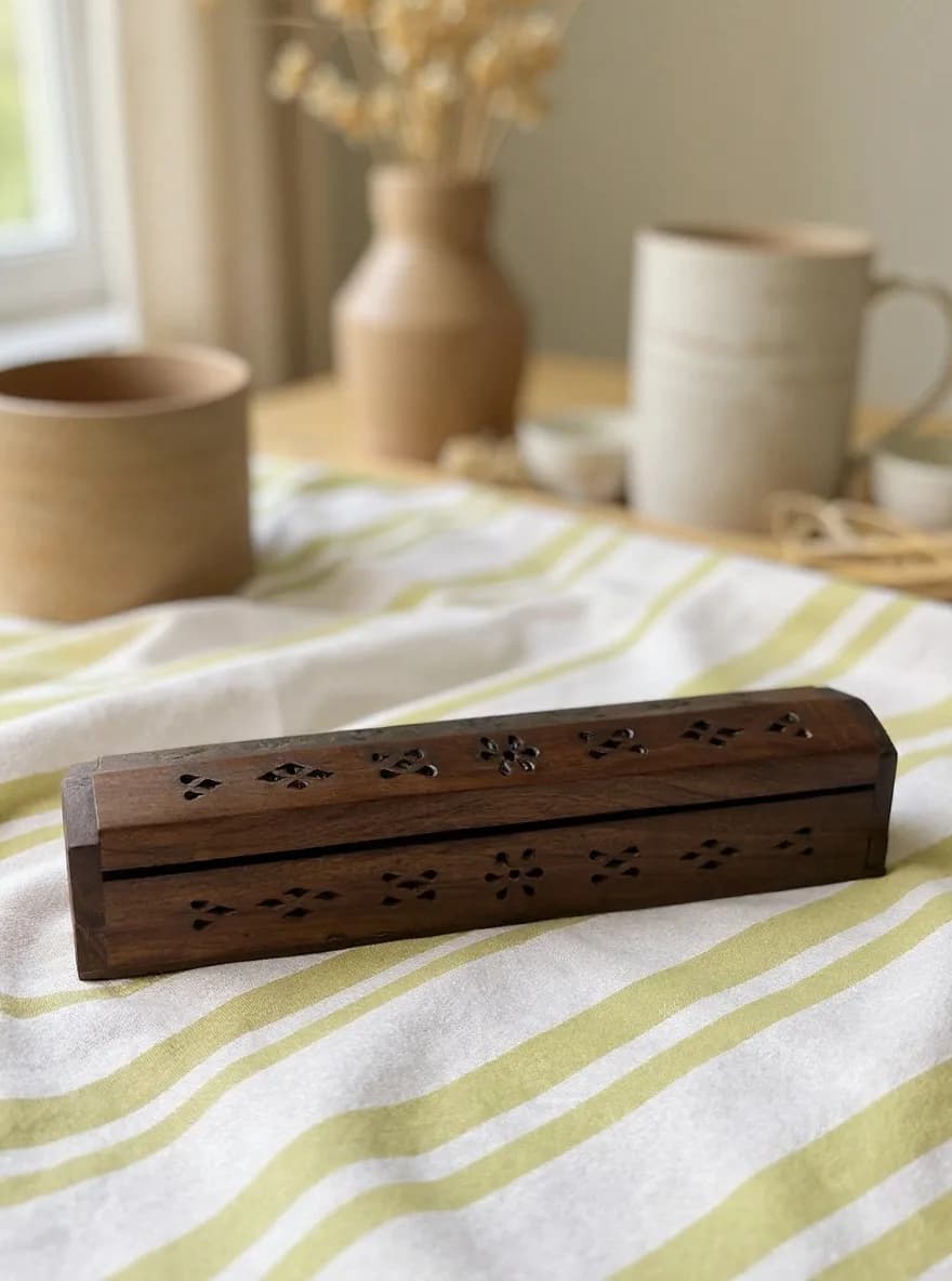 The carved incense box photographed in the Boho Table scene