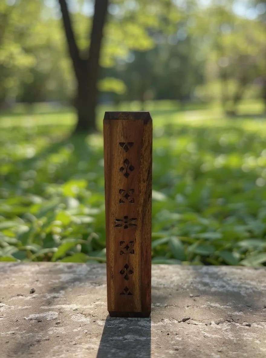 The carved incense box photographed in the Outdoor Natural scene