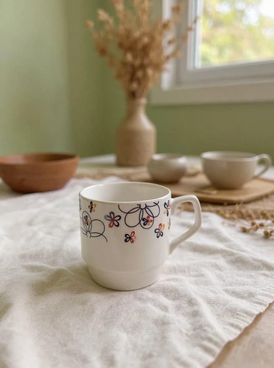 The ceramic mug photographed in the Boho Table scene
