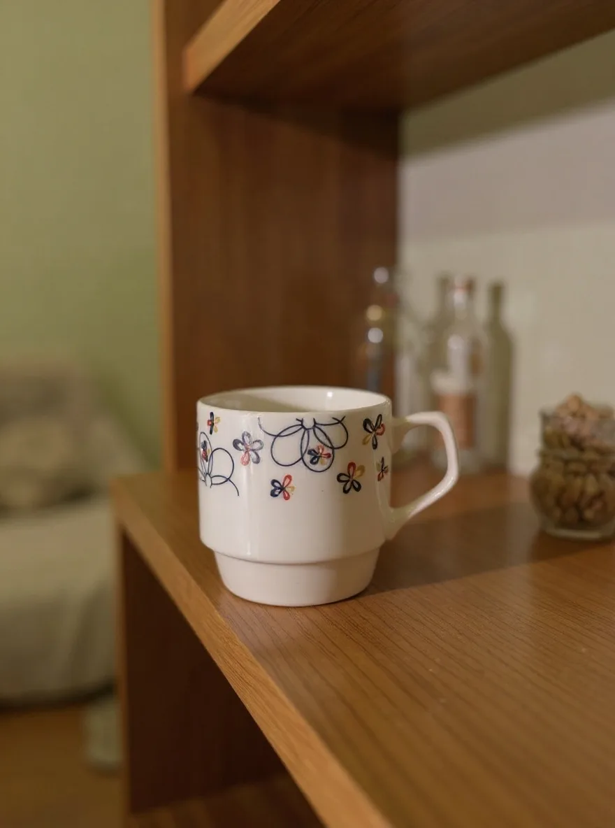 The ceramic mug photographed in the Cozy Shelf scene