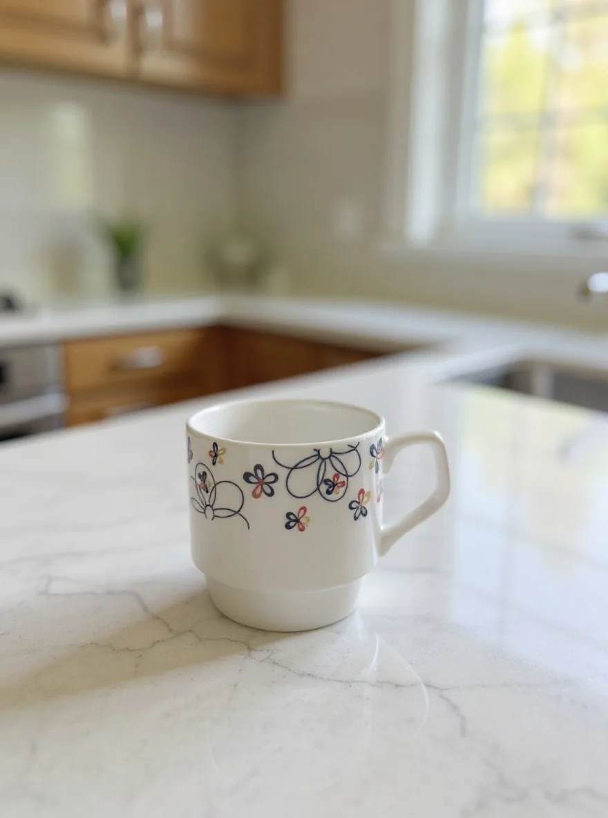 The ceramic mug photographed in the Marble Counter scene