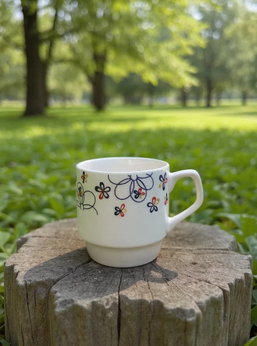 The ceramic mug photographed in the Outdoor Natural scene