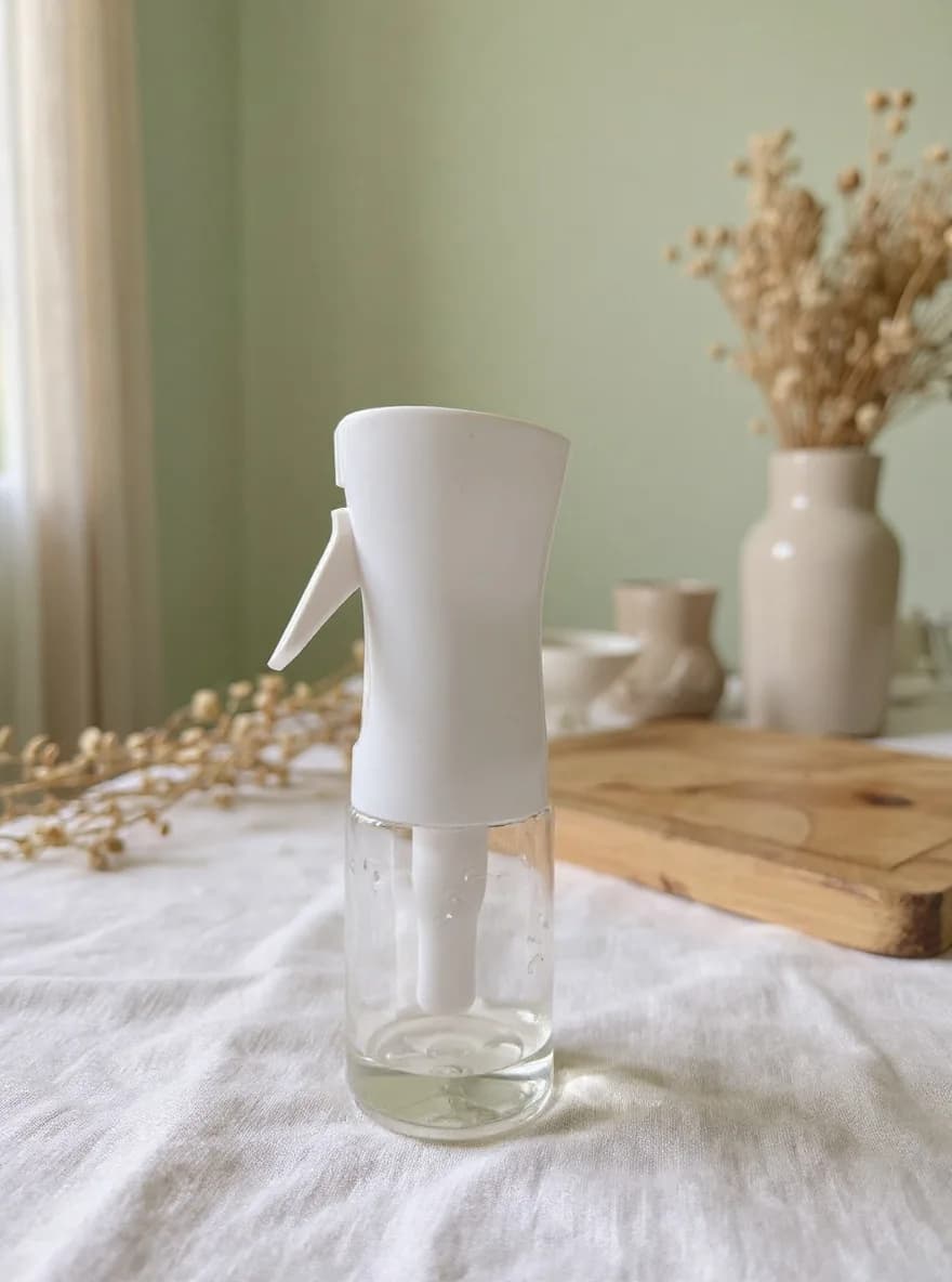 The glass spray bottle photographed in the Boho Table scene