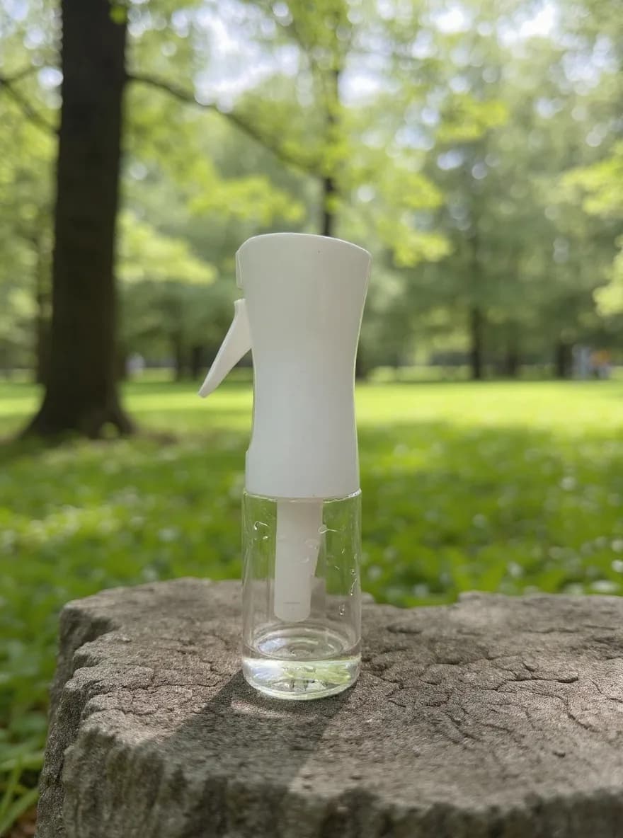 The glass spray bottle photographed in the Outdoor Natural scene